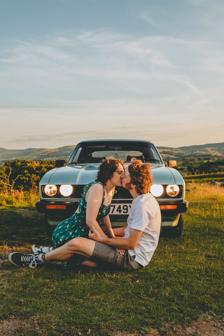 Engagement photos with the classic car, North Wales engagement shoot