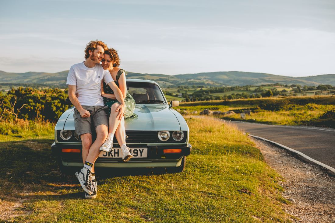 Engagement photos with the classic car, North Wales engagement shoot