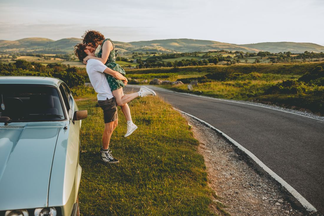 Engagement photos with the classic car, North Wales engagement shoot